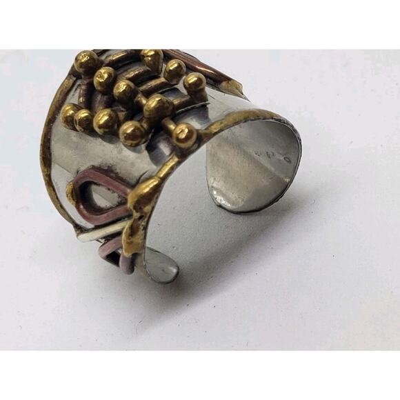 Mixed Metal Ring Brutalist MCM Chunky Cuff Adjustable 3D Biker Large Size Artist - Picture 14 of 14